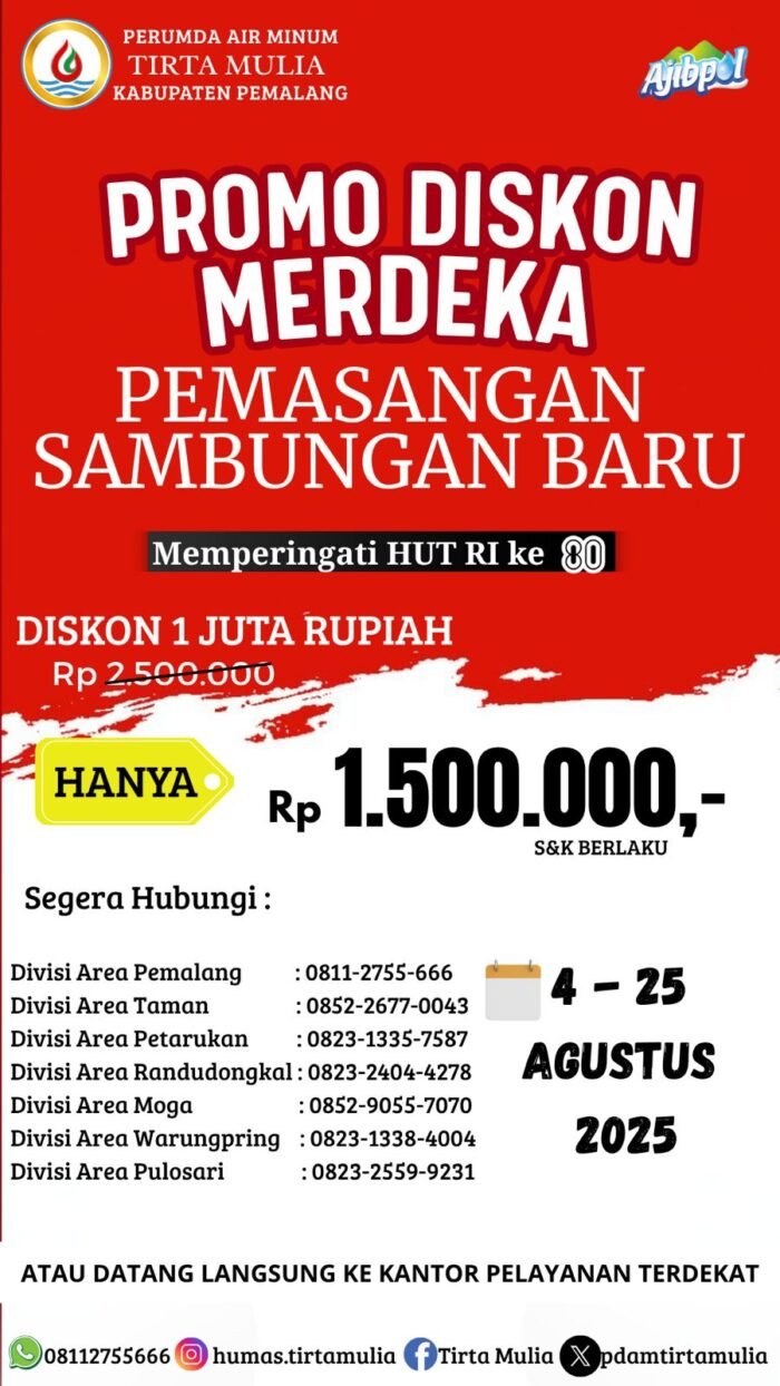 Peringati HUT ke 80 RI, Perumda Air Minum Tirta Mulia Pemalang Berikan 'Promo Diskon Merdeka' Pasang Sambungan Baru