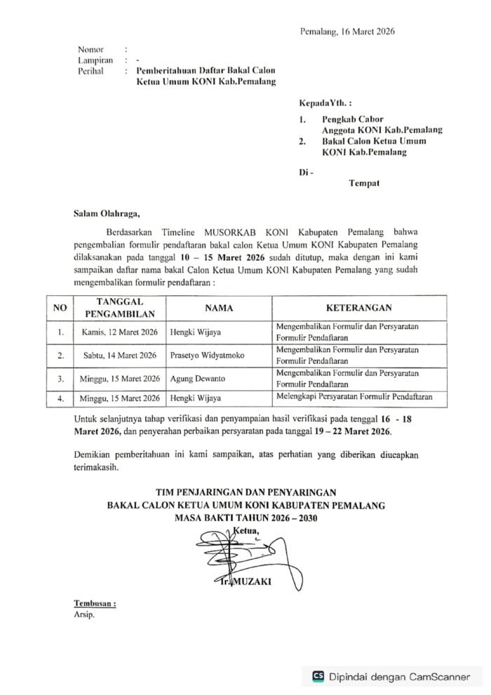 Pengumuman tersebut disampaikan melalui surat pemberitahuan tertanggal 16 Maret 2026 yang ditandatangani Ketua TPP, Ir. Muzaki.
