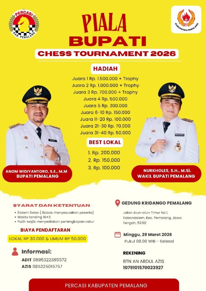 Percasi Pemalang Gelar Turnamen Catur Piala Bupati 2026, Total Hadiah Jutaan Rupiah