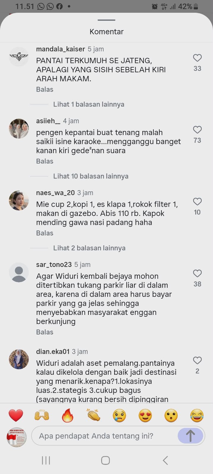 Tampak Layar Komentar Warganet tentang Pantai Widuri