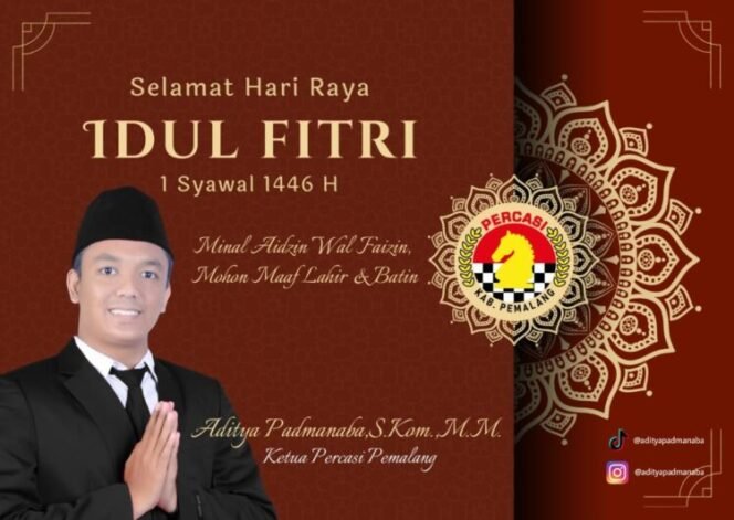 
					Ketua Percasi Kabupaten Pemalang, Aditya Padmanaba, menyampaikan ucapan Selamat Merayakan Idul Fitri 1446 Hijriah