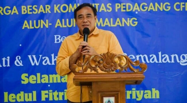 Wakil Bupati Pemalang Nurkholes dalam acara Halal Bi Halal pedagang komunitas Car Freeday (CFD) Alun -alun Pemalang di Comal Baru Waterpark, Sabtu (19/4/2025)