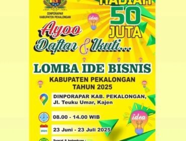 INFO LOMBA! Dinporapar Kabupaten Pekalongan Gelar Lomba Ide Bisnis Total Hadiah Rp50 Juta, Cek Syaratnya. (IG @dinporaparkabpengalongan)
