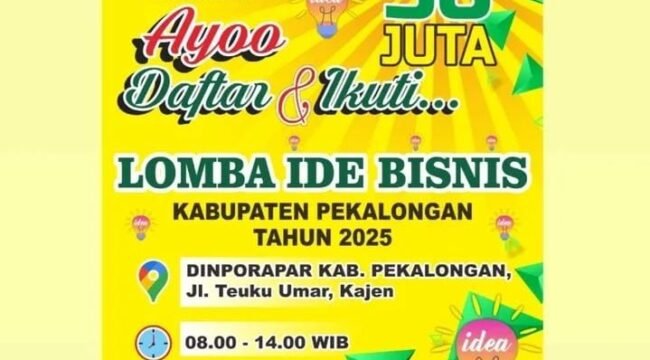 INFO LOMBA! Dinporapar Kabupaten Pekalongan Gelar Lomba Ide Bisnis Total Hadiah Rp50 Juta, Cek Syaratnya. (IG @dinporaparkabpengalongan)
