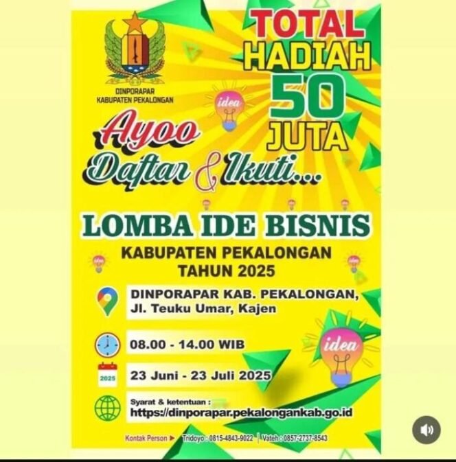 
					INFO LOMBA! Dinporapar Kabupaten Pekalongan Gelar Lomba Ide Bisnis Total Hadiah Rp50 Juta, Cek Syaratnya. (IG @dinporaparkabpengalongan)
