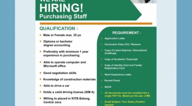 PT. Wanxinda Buka Lowongan Posisi Purchasing Staff di KITB Batang (IG: @zukhr98)