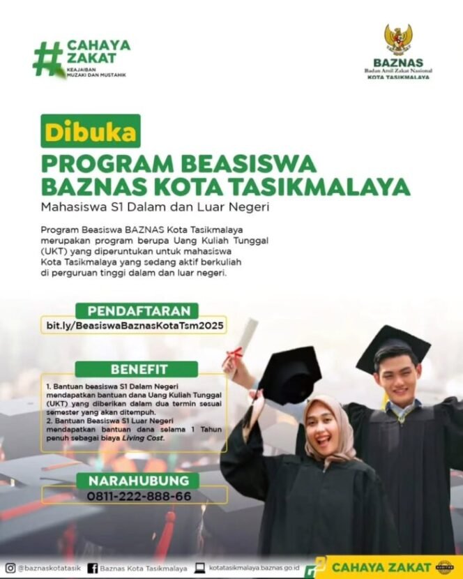 
					INFO BEASISWA! BAZNAS Kota Tasikmalaya Buka Program Beasiswa untuk Mahasiswa S1 Dalam dan Luar Negeri (IG: @baznaskotatasik)