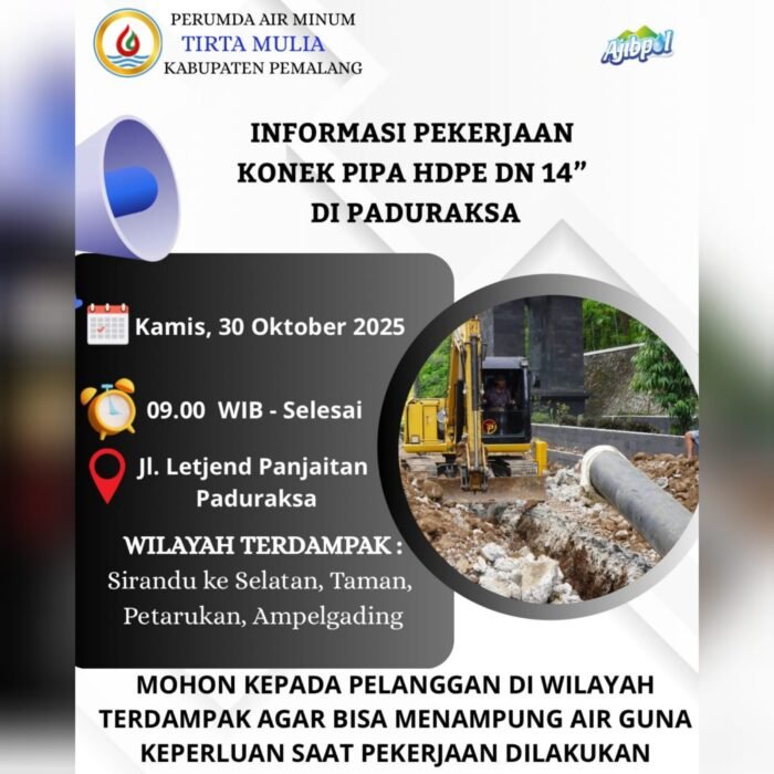 INFO! Perumda Tirta Mulia Pemalang Jadwalkan Besok Ada Perbaikan Pipa HDPE, Ini Wilayah Terdampak