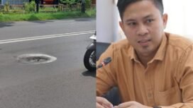 Kolase - Anggota Komisi B DPRD Kabupaten Pemalang, Arif Lukman Muslim, SH,.MKn dan ruas jalan yang berlubang