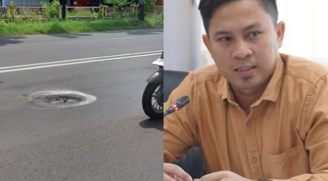 Kolase - Anggota Komisi B DPRD Kabupaten Pemalang, Arif Lukman Muslim, SH,.MKn dan ruas jalan yang berlubang