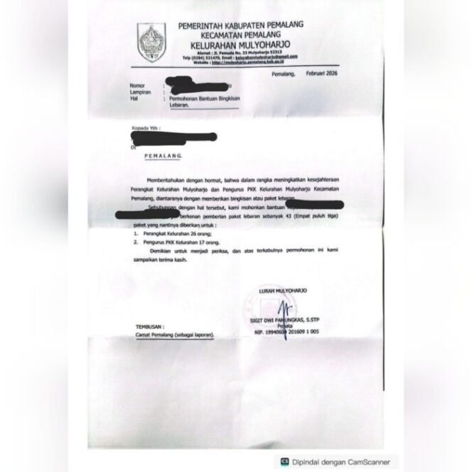 
					Tangkap Layar, Surat Berkop Kelurahan Mulyoharjo Pemalang Minta Bantuan Bingkisan Lebaran