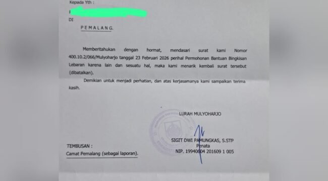Tangkap Layar, Surat Berkop Kelurahan Mulyoharjo Pemalang Membatalkan Surat Bantuan Bingkisan Lebaran