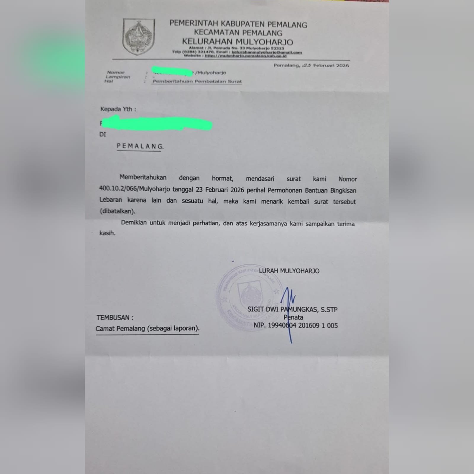 Tangkap Layar, Surat Berkop Kelurahan Mulyoharjo Pemalang Membatalkan Surat Bantuan Bingkisan Lebaran