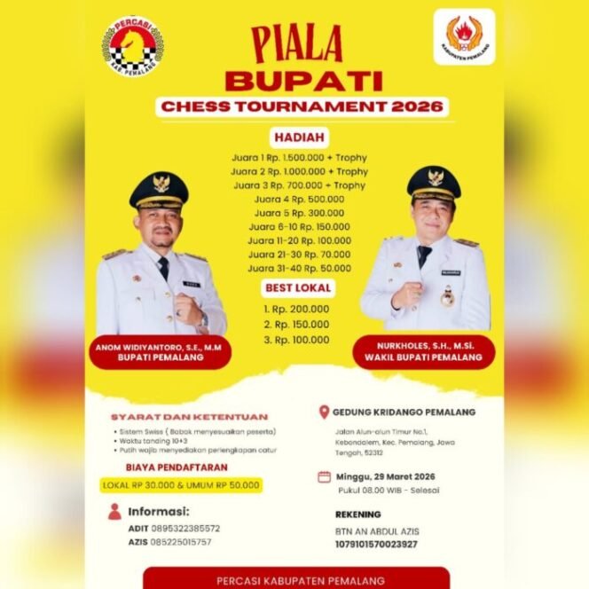 
					Percasi Pemalang Gelar Turnamen Catur Piala Bupati 2026, Total Hadiah Jutaan Rupiah