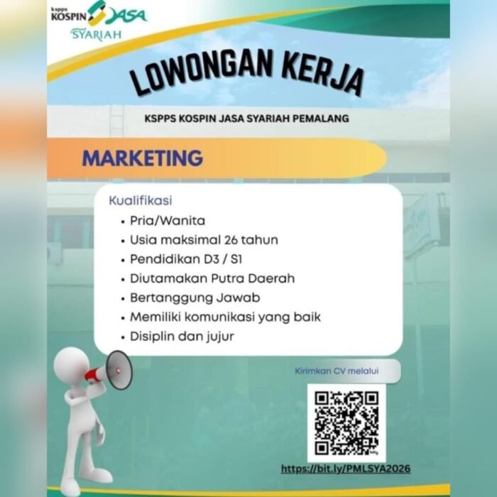 Info Loker! KSPPS Kospin Jasa Syariah Pemalang Buka Lowongan Kerja sebagai Marketing, Ini Syaratnya