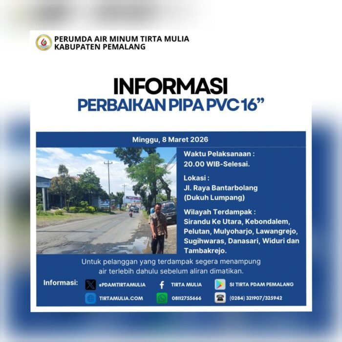 Perbaikan Pipa PVC 16 Inci, Distribusi Air di Sejumlah Wilayah Pemalang Terganggu
