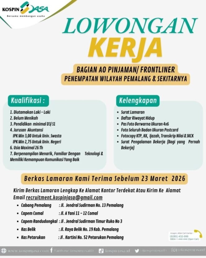 
					Info Loker! Kospin Jasa Buka Lowongan AO Pinjaman/Frontliner, Penempatan Pemalang dan Sekitarnya