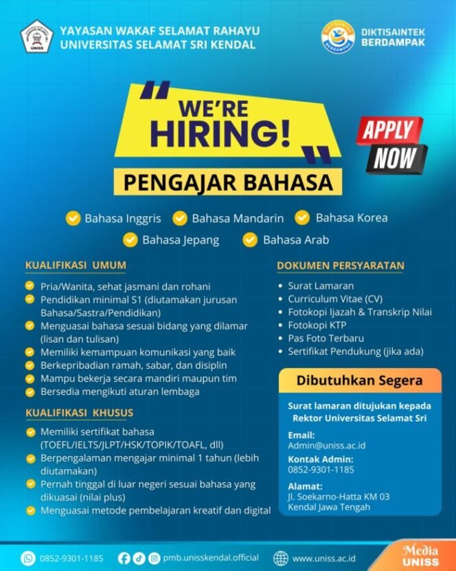 
					Info Loker! UNISS Kendal Buka Lowongan Pengajar Bahasa, Ini Kualifikasinya