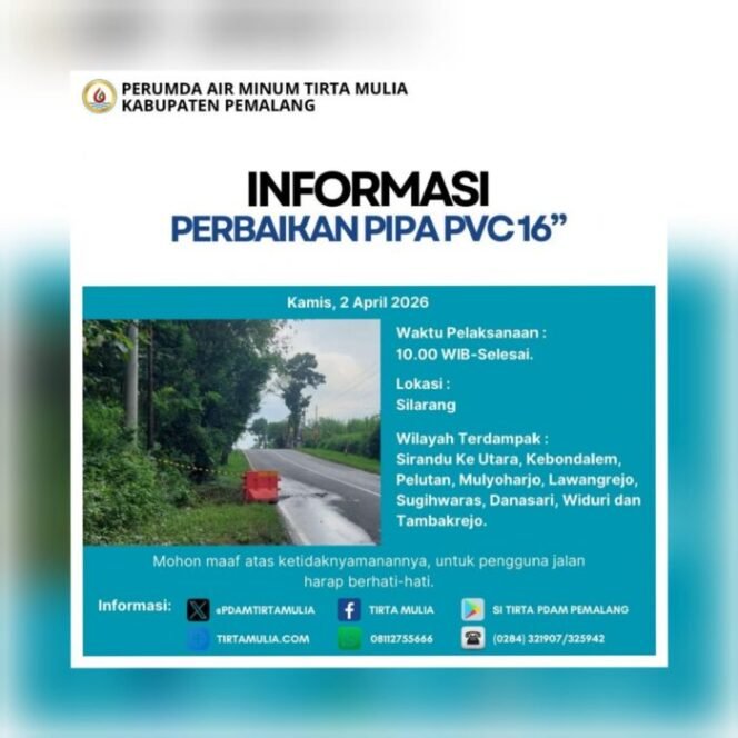 
					INFO! Perumda Air Minum Tirta Mulia Pemalang Lakukan Perbaikan Pipa PVC 16 Inci, Ini Wilayah Terdampak