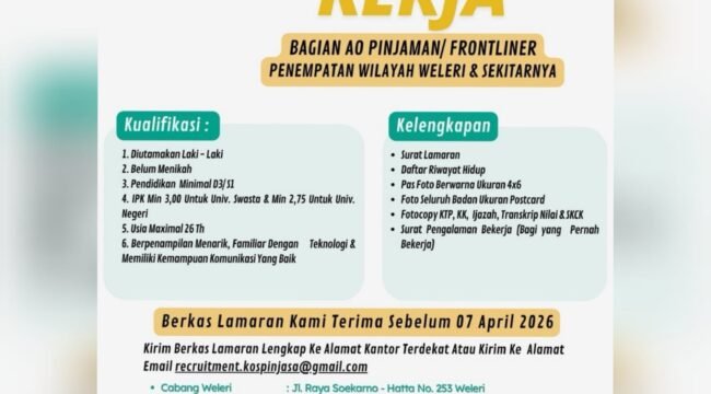 Info Loker! Kospin JASA Buka Lowongan AO Pinjaman/Frontliner, Penempatan Weleri dan Sekitarnya