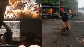 Kolase: Pekerja dari Dinas Pariwisata dan Kebudayaan Pemalang membersihkan sampah di Pantai Widuri 