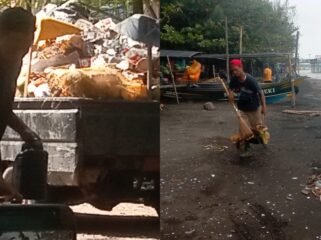 Kolase: Pekerja dari Dinas Pariwisata dan Kebudayaan Pemalang membersihkan sampah di Pantai Widuri 