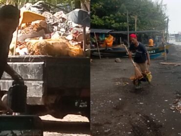 Pekerja dari Dinas Pariwisata dan Kebudayaan Pemalang membersihkan sampah di Pantai Widuri 