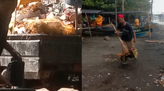 Pekerja dari Dinas Pariwisata dan Kebudayaan Pemalang membersihkan sampah di Pantai Widuri 