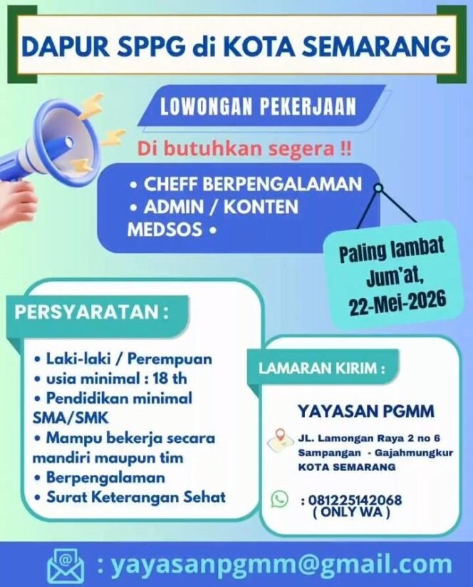 
					Info Loker! Lowongan Kerja Dapur SPPG Kota Semarang, Butuh Chef dan Admin Medsos