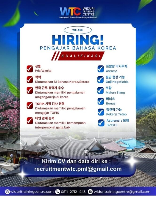 
					Info Loker! WTC Pemalang Buka Lowongan Pengajar Bahasa Korea, Sediakan Asrama dan Gaji Negotiable