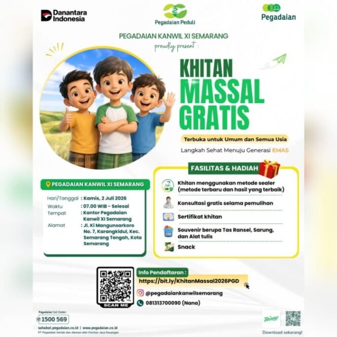 
					Pegadaian Kanwil XI Semarang Gelar Khitan Massal Gratis 2 Juli 2026, Terbuka untuk Semua Usia