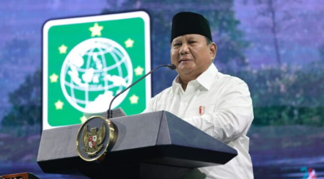 Presiden Prabowo Subianto menyampaikan pidato pada Puncak Hari Lahir ke-28 Partai Kebangkitan Bangsa (PKB) di Jakarta, Kamis (23/7).