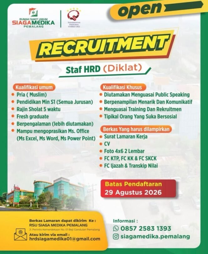 
					RSU Siaga Medika Pemalang Buka Rekrutmen Staf HRD, Pendaftaran Ditutup 29 Agustus 2026