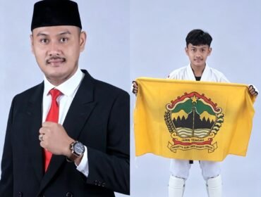 Kolase : Ketua Umum Pengurus Kabupaten (Pengkab) Taekwondo Indonesia (TI) Pemalang, Fahmidh Dhuha, SM., MM., dan Azka Aqila Saputra berhasil meraih Juara 1 sekaligus medali emas pada Kejurnas Taekwondo Piala Panglima, kelas Under 41 Kg Kadet Putra 