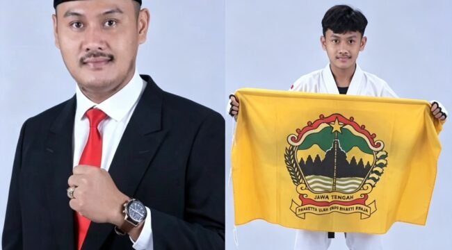 Kolase : Ketua Umum Pengurus Kabupaten (Pengkab) Taekwondo Indonesia (TI) Pemalang, Fahmidh Dhuha, SM., MM., dan Azka Aqila Saputra berhasil meraih Juara 1 sekaligus medali emas pada Kejurnas Taekwondo Piala Panglima, kelas Under 41 Kg Kadet Putra 