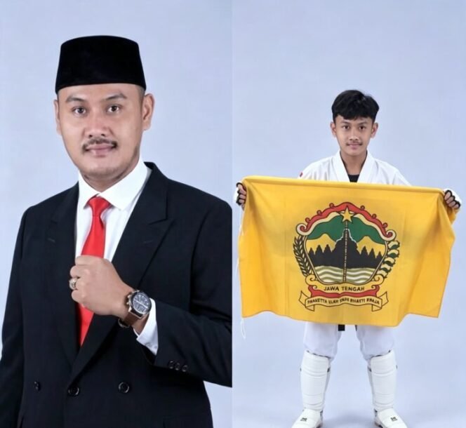 
					Kolase : Ketua Umum Pengurus Kabupaten (Pengkab) Taekwondo Indonesia (TI) Pemalang, Fahmidh Dhuha, SM., MM., dan Azka Aqila Saputra berhasil meraih Juara 1 sekaligus medali emas pada Kejurnas Taekwondo Piala Panglima, kelas Under 41 Kg Kadet Putra 