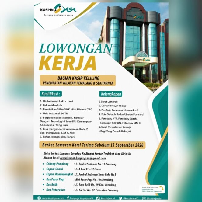 
					INFO LOKER! Kospin Jasa Buka Lowongan Kerja Kasir Keliling, Penempatan Pemalang dan Sekitarnya