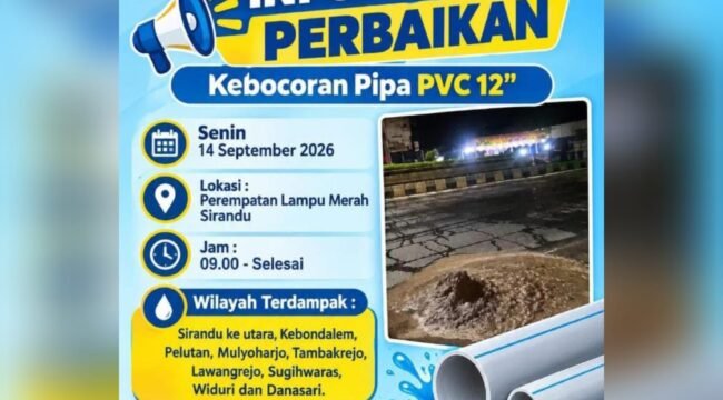 Perumda Tirta Mulia Pemalang Perbaiki Pipa Bocor di Sirandu, Ini Wilayah Terdampak