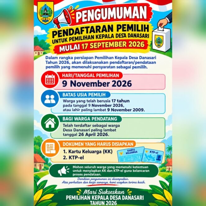 
					Pilkades Danasari 2026: Pendataan Pemilih Pilkades Danasari Dimulai 17 September 2026, Warga Diminta Siapkan KK dan KTP
