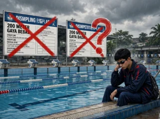 Atlet pelajar duduk lesu di tepi kolam