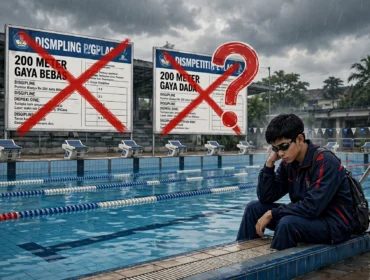 Atlet pelajar duduk lesu di tepi kolam