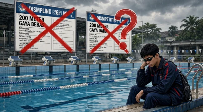 Atlet pelajar duduk lesu di tepi kolam