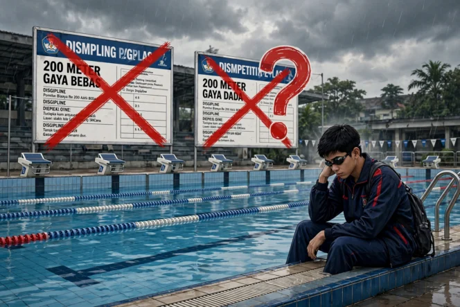 
					Atlet pelajar duduk lesu di tepi kolam