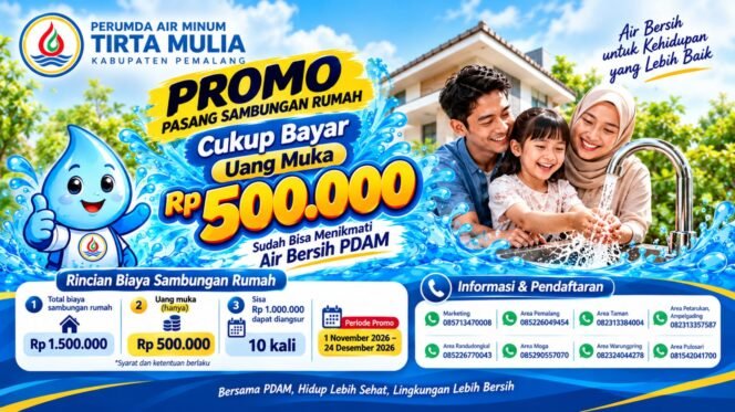 
					Perumda Air Minum Tirta Mulia Pemalang Beri Promo Sambungan Air Bersih, Cukup DP Rp500 Ribu